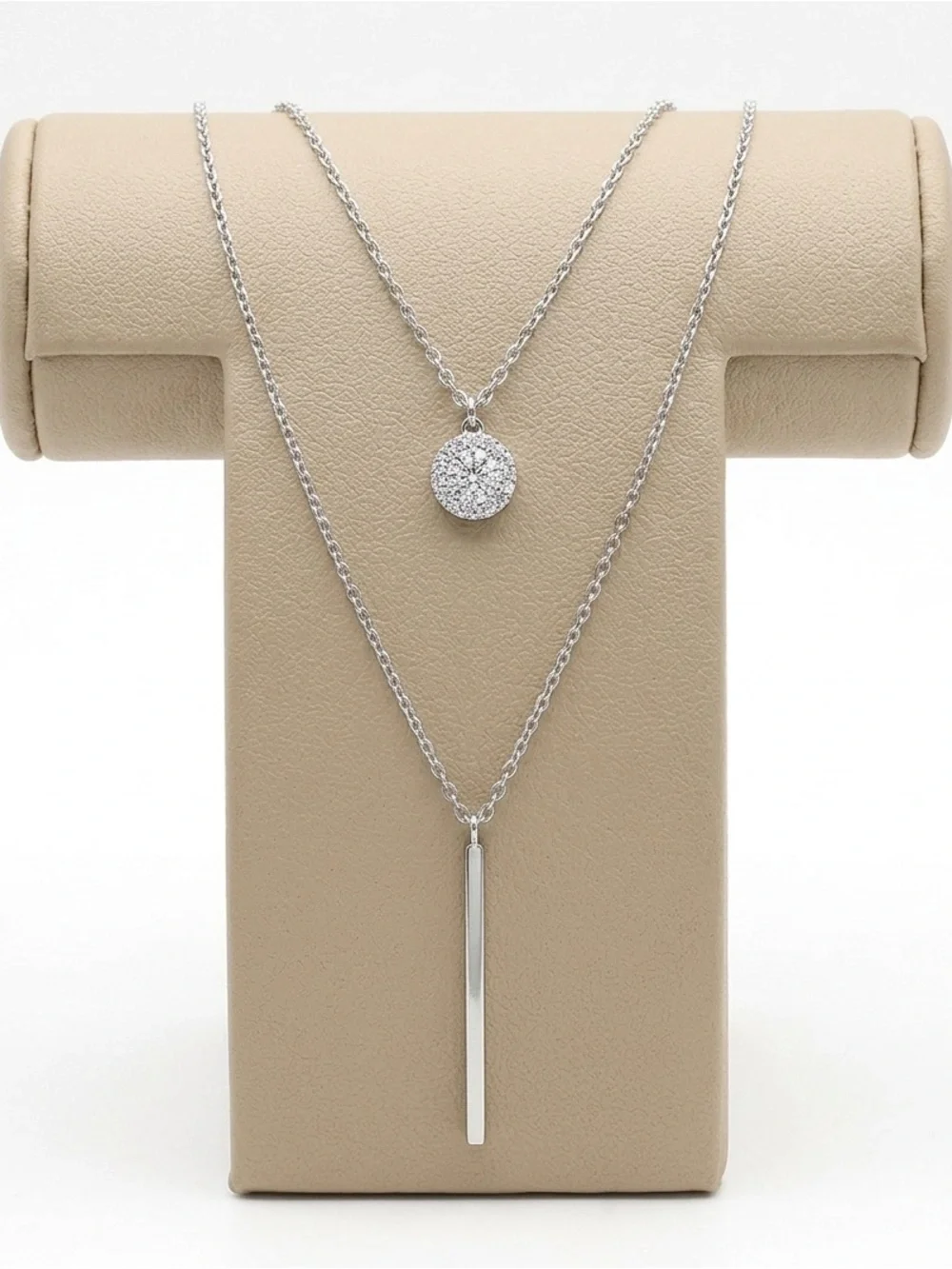 New Woman’s Layered Silver Necklace with Sparkling Circle Charm and Silver Bar